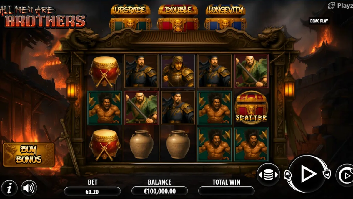 Guerreiros lendários em um campo de batalha épico no slot All Men Are Brothers